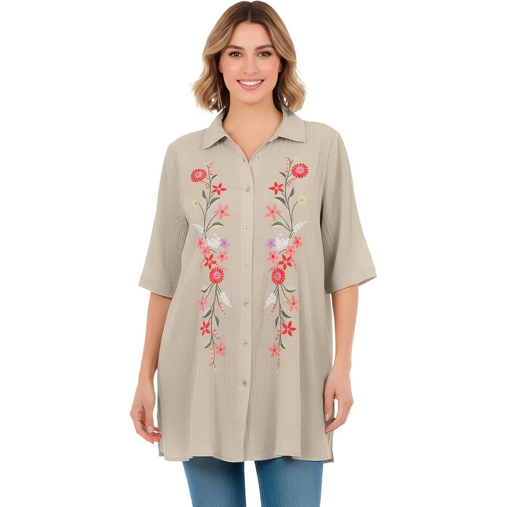 image:imageWoman Within Plus Size Embroidered Gauze ShirtNatural Khaki Floral Embroidery