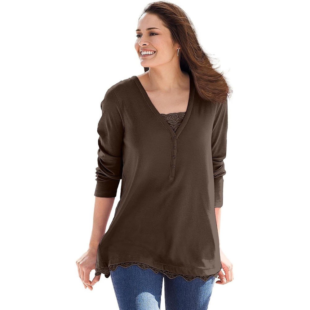 image:imageWoman Within Plus Size LayeredLook Lace Trim TeeChocolate