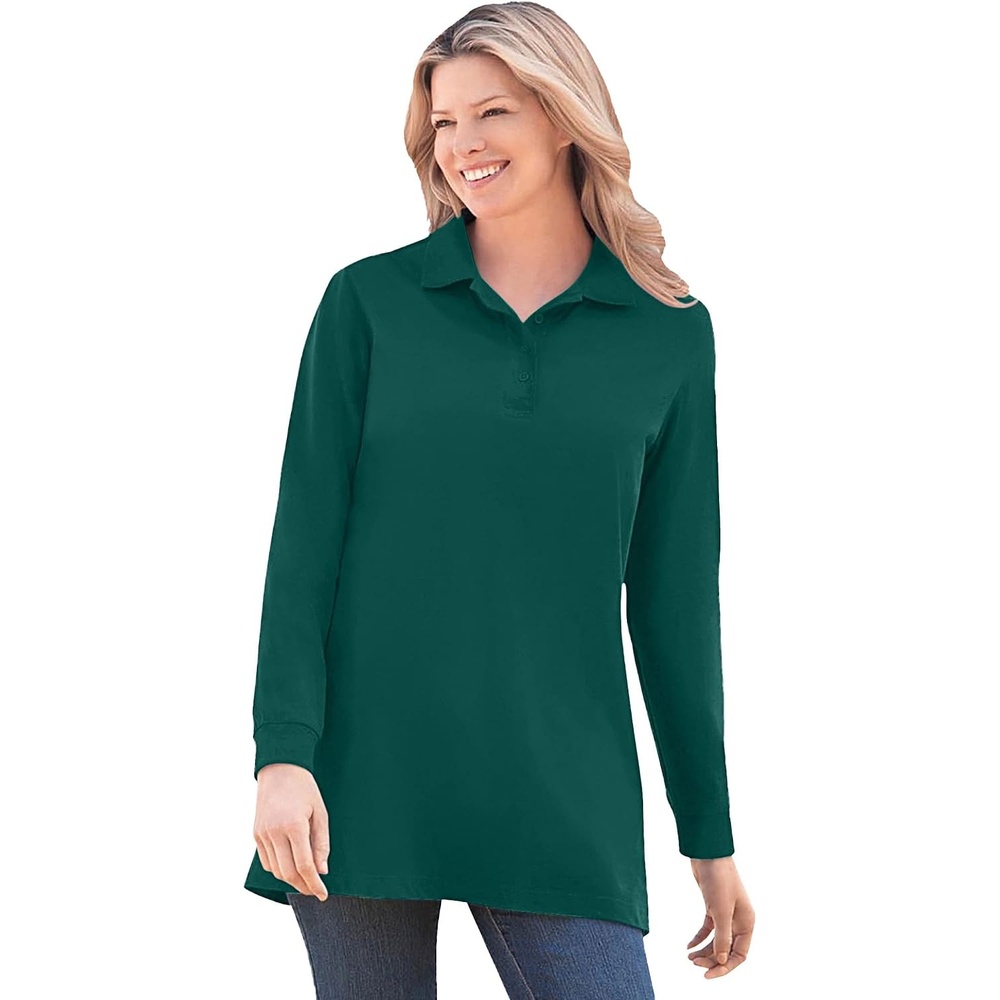 image:imageWoman Within Plus Size LongSleeve Polo ShirtEmerald Green