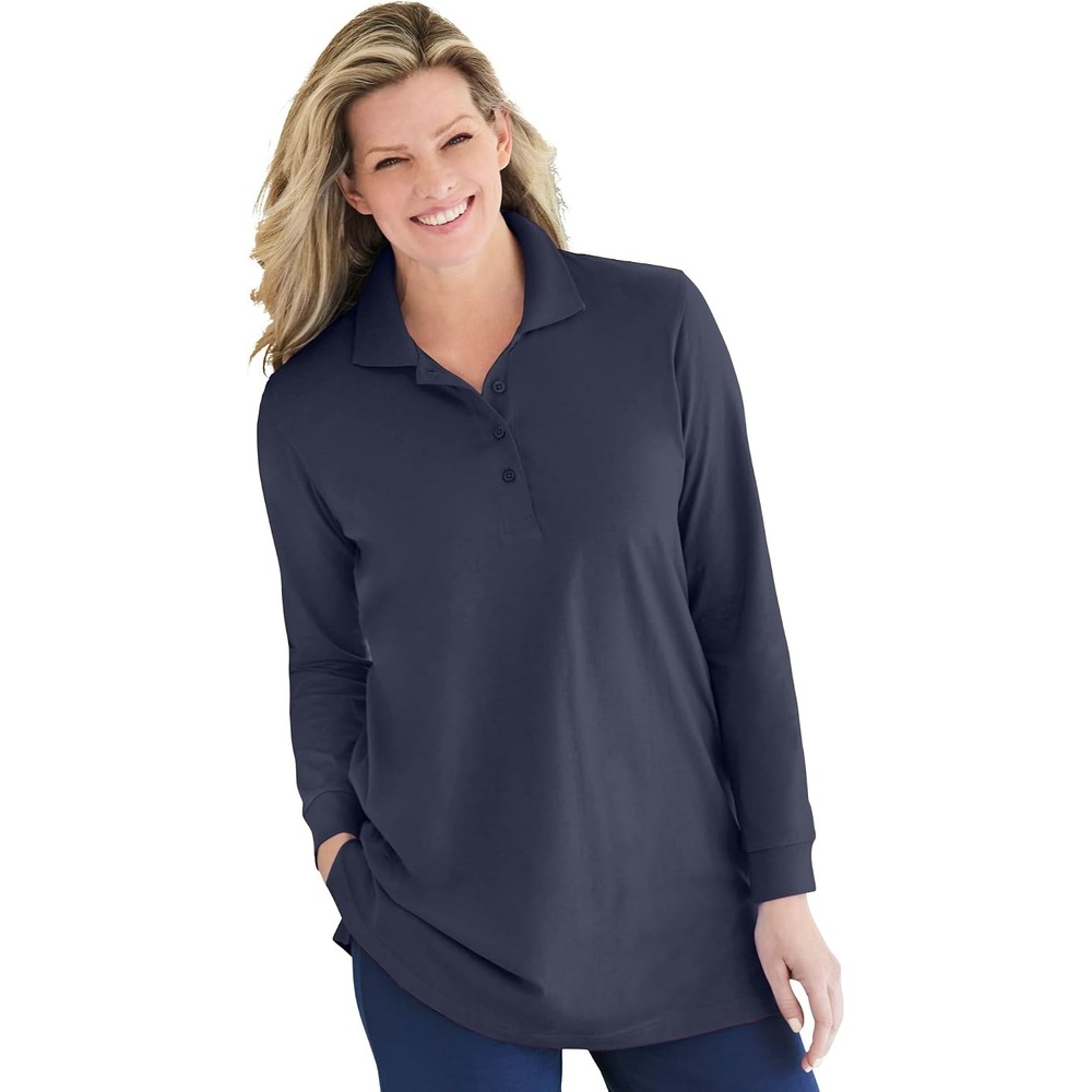 image:imageWoman Within Plus Size LongSleeve Polo ShirtNavy