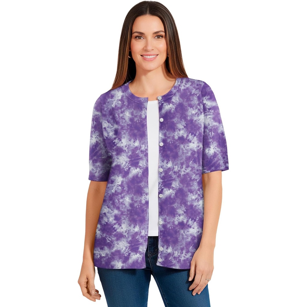 image:imageWoman Within Plus Size Perfect ElbowLength Sleeve Cardigan SweaterPetal Purple Tie Dye