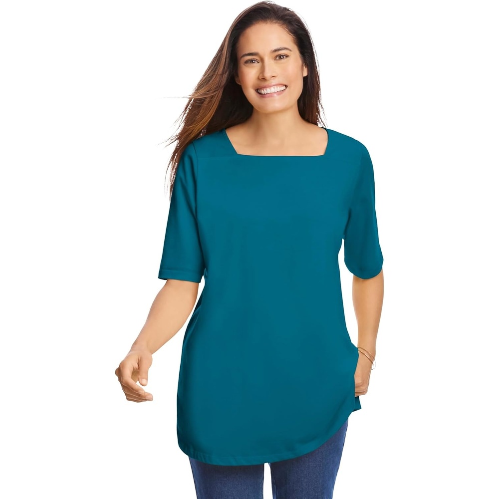 image:imageWoman Within Plus Size Perfect ElbowSleeve SquareNeck TeeDeep Teal
