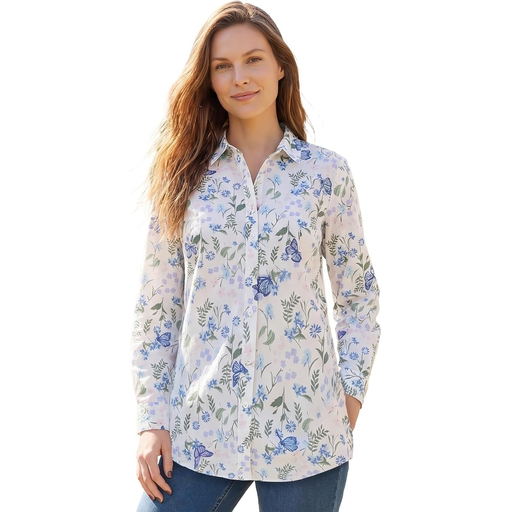 image:imageWoman Within Plus Size Perfect Long Sleeve ShirtWhite Butterflies