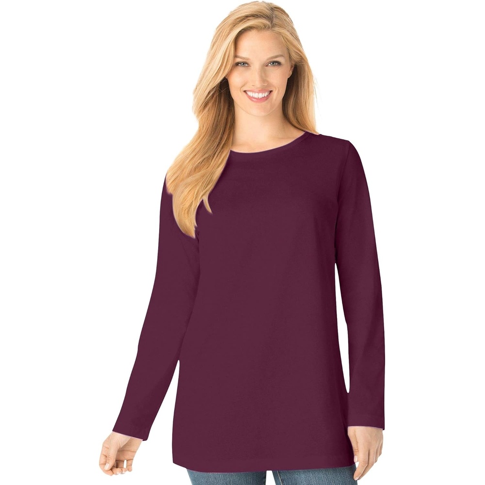 image:imageWoman Within Plus Size Perfect LongSleeve Crewneck Tee Petite AvailableDeep Claret