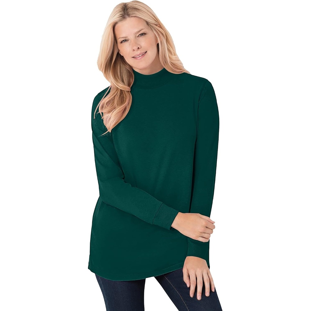 image:imageWoman Within Plus Size Perfect LongSleeve Mockneck Tee Petite AvailableEmerald Green