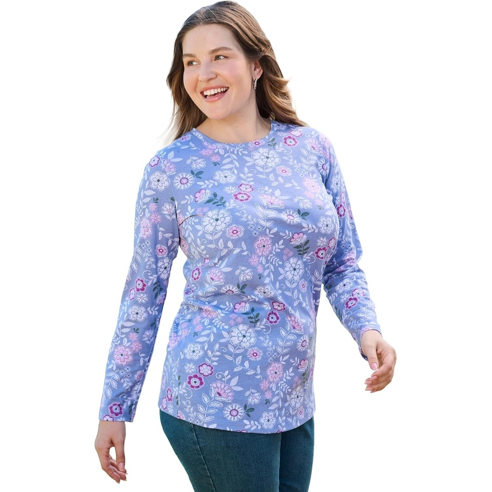image:imageWoman Within Plus Size Perfect Printed LongSleeve Crewneck TeePale Indigo Tapestry