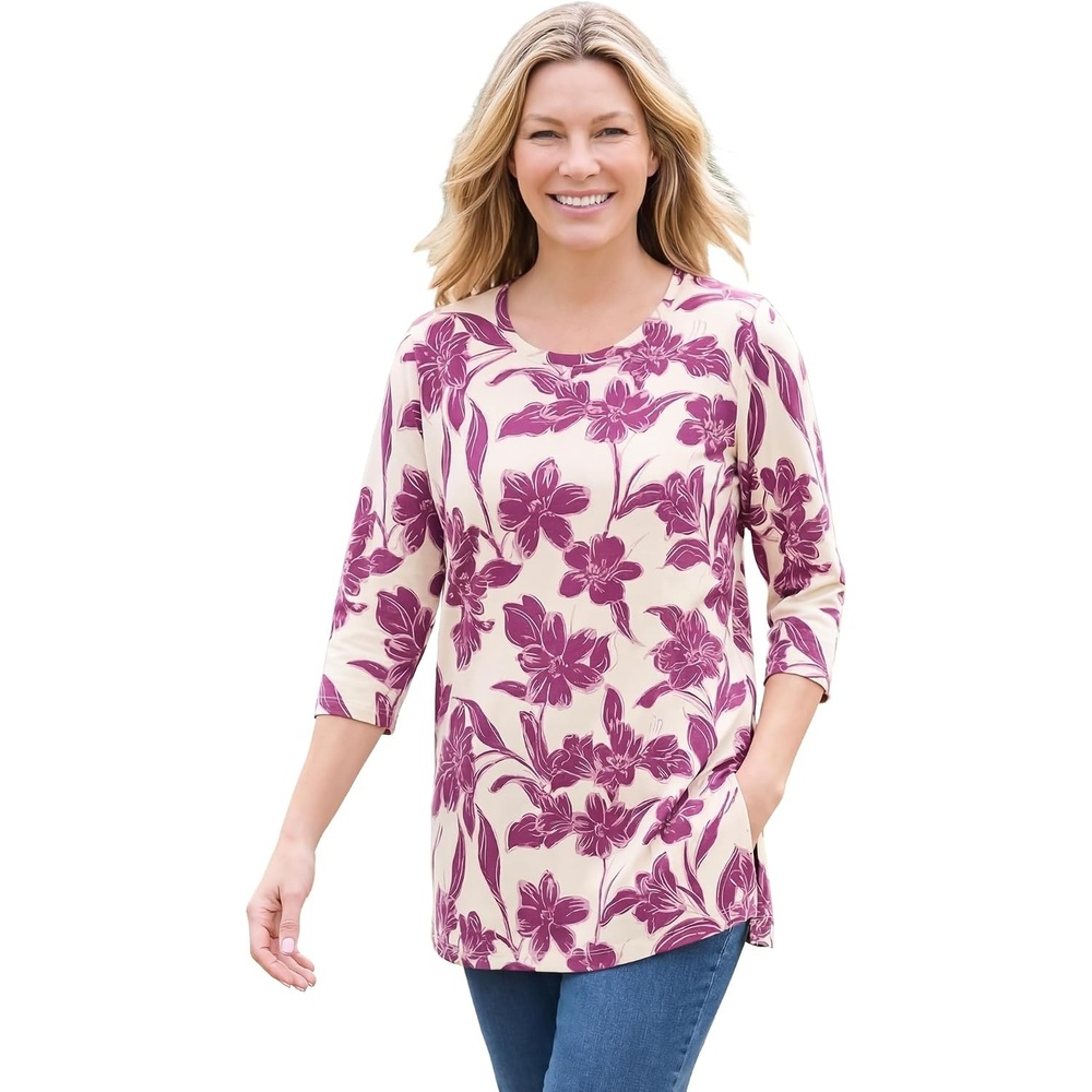 image:imageWoman Within Plus Size Perfect Printed LongSleeve Crewneck TunicIvory Claret Floral Vine