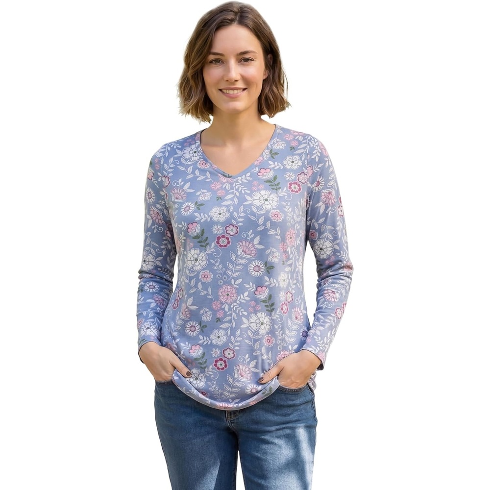 image:imageWoman Within Plus Size Perfect Printed LongSleeve VNeck TeePale Indigo Tapestry