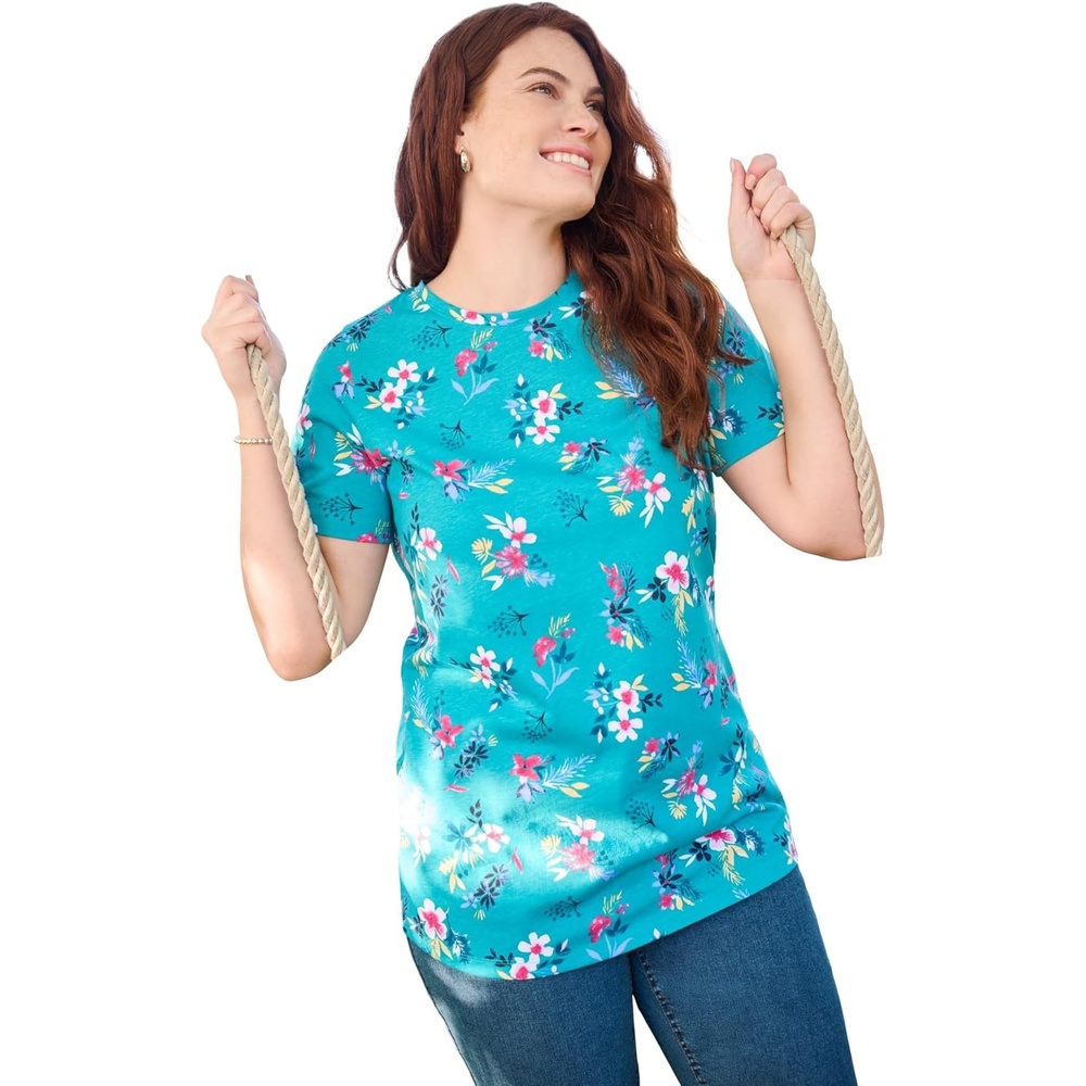 image:imageWoman Within Plus Size Perfect Printed ShortSleeve Crewneck TeeWaterfall Multi Bloom