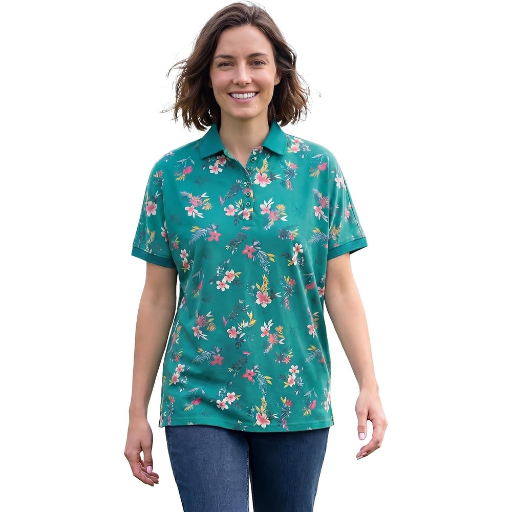 image:imageWoman Within Plus Size Perfect Printed ShortSleeve Polo ShirtWaterfall Multi Bloom