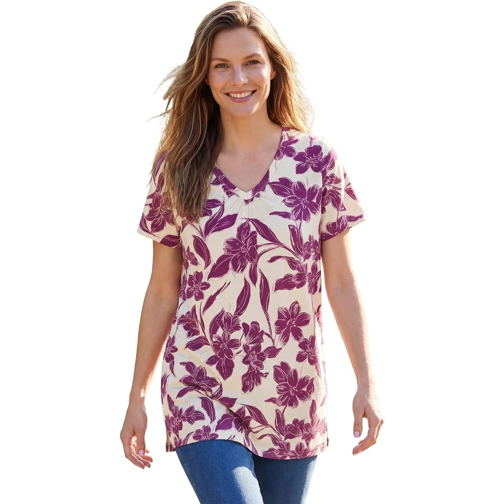 image:imageWoman Within Plus Size Perfect Printed ShortSleeve Shirred VNeck TunicIvory Claret Floral Vine
