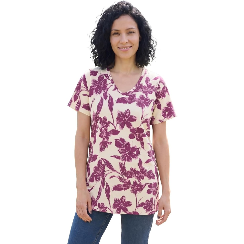 image:imageWoman Within Plus Size Perfect Printed ShortSleeve VNeck TunicIvory Claret Floral Vine