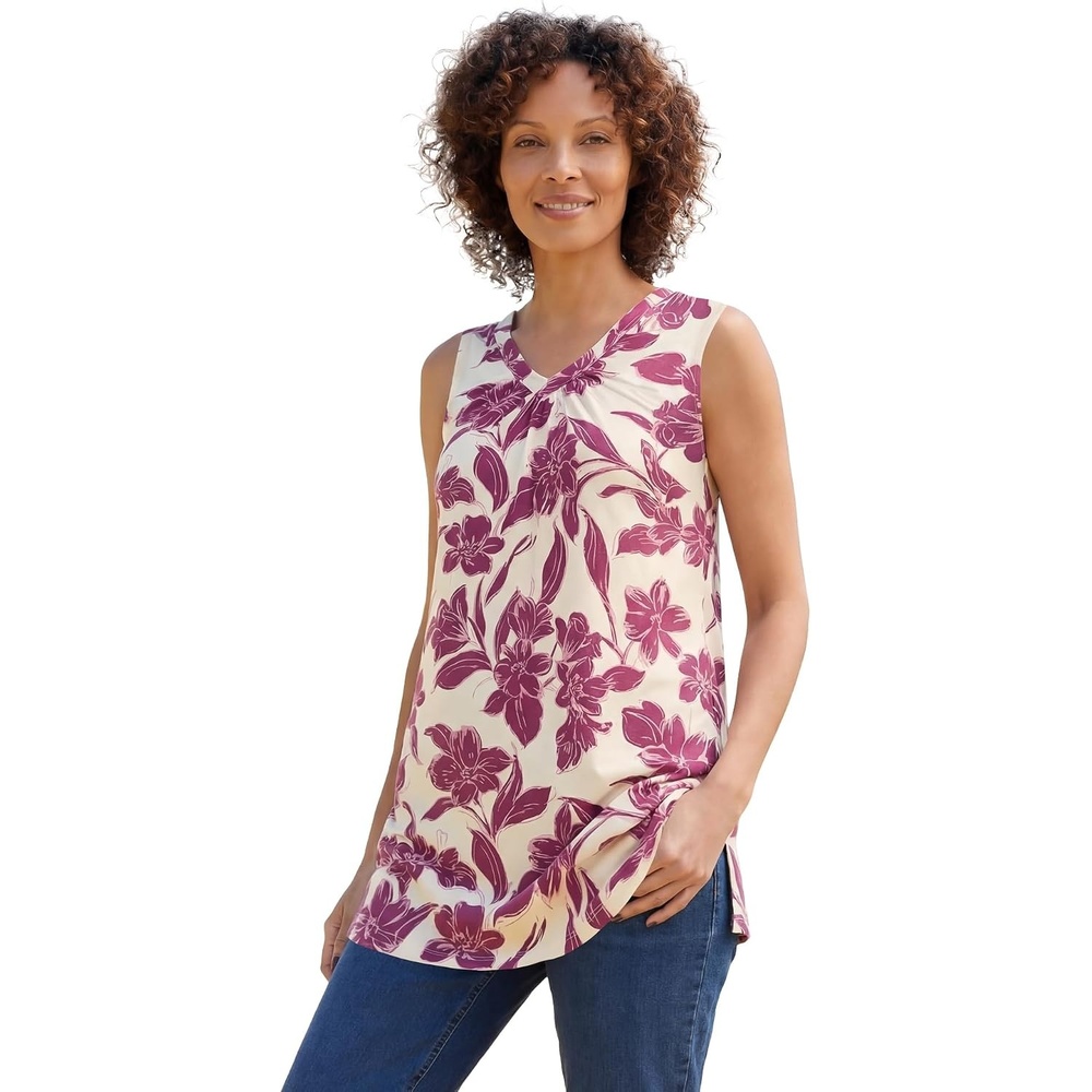 image:imageWoman Within Plus Size Perfect Printed Sleeveless Shirred VNeck TunicIvory Claret Floral Vine