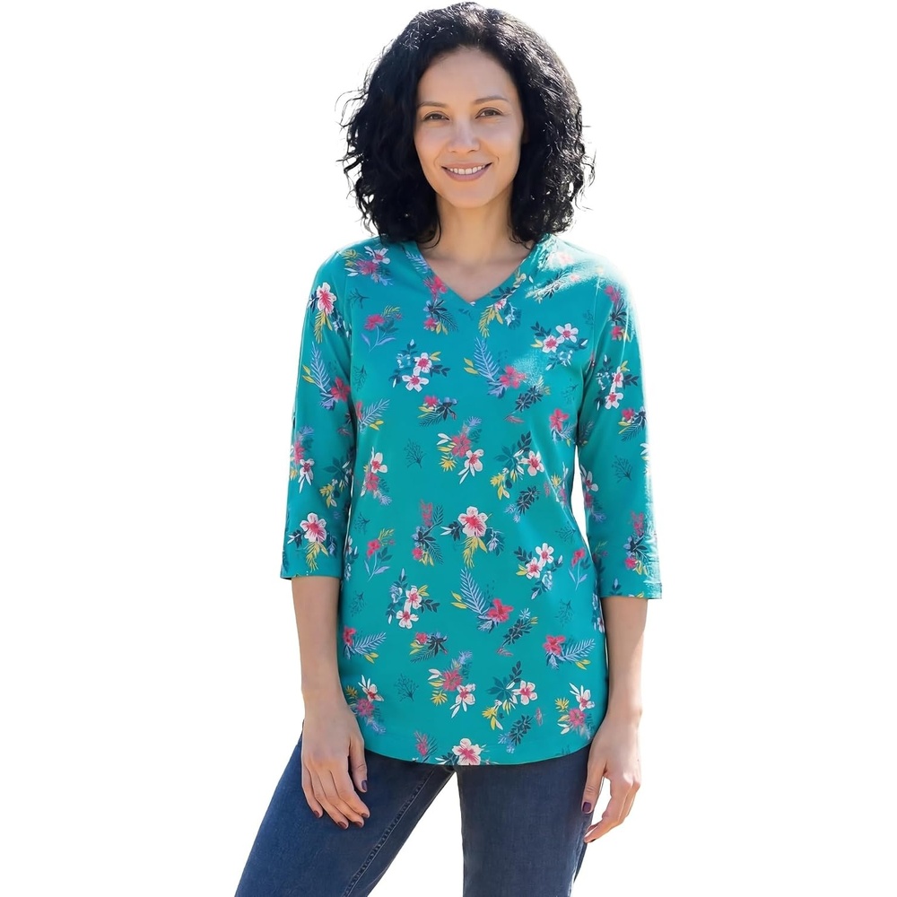 image:imageWoman Within Plus Size Perfect Printed ThreeQuarter Sleeve VNeck TeeWaterfall Multi Bloom