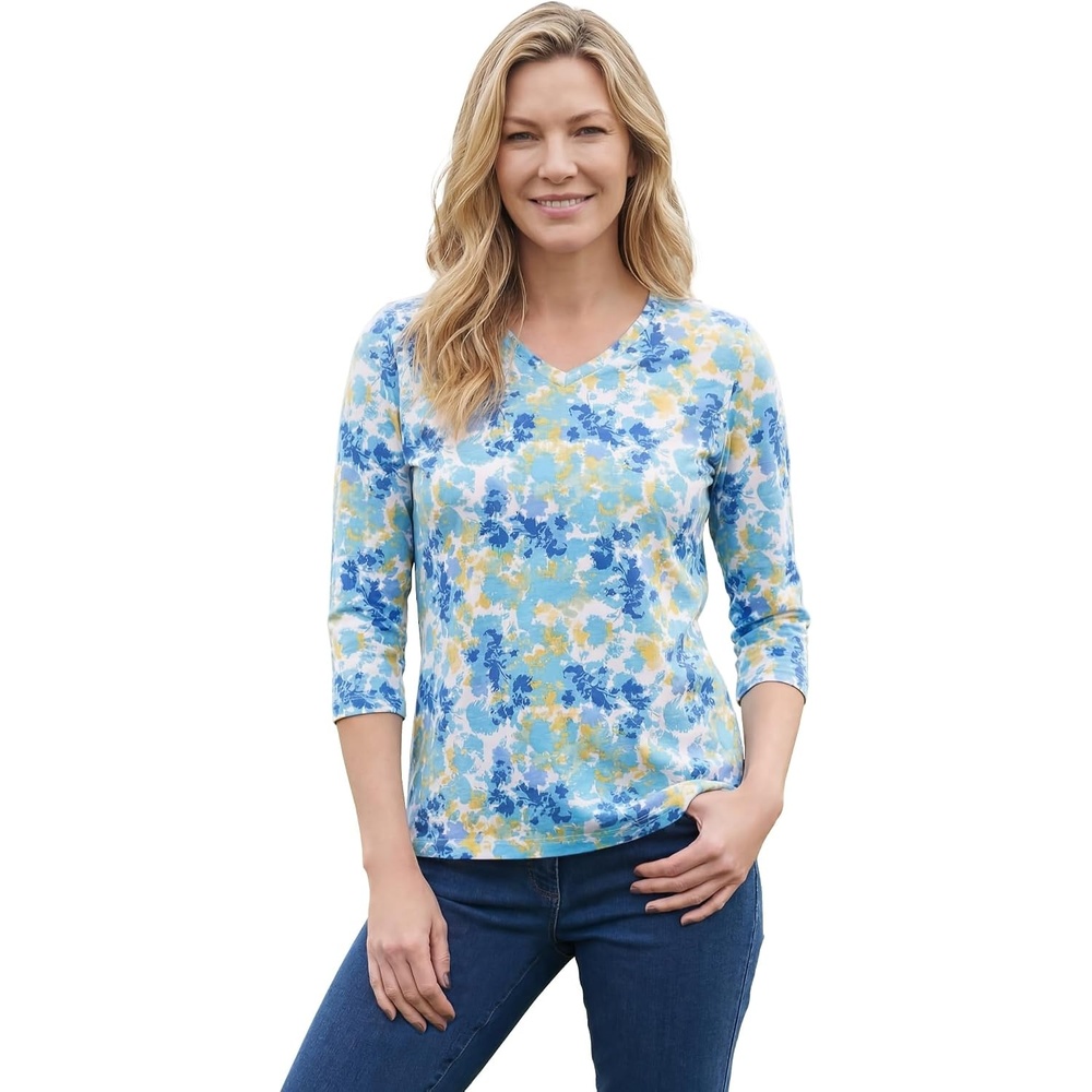 image:imageWoman Within Plus Size Perfect Printed ThreeQuarter Sleeve VNeck TeeWhite Painted Floral