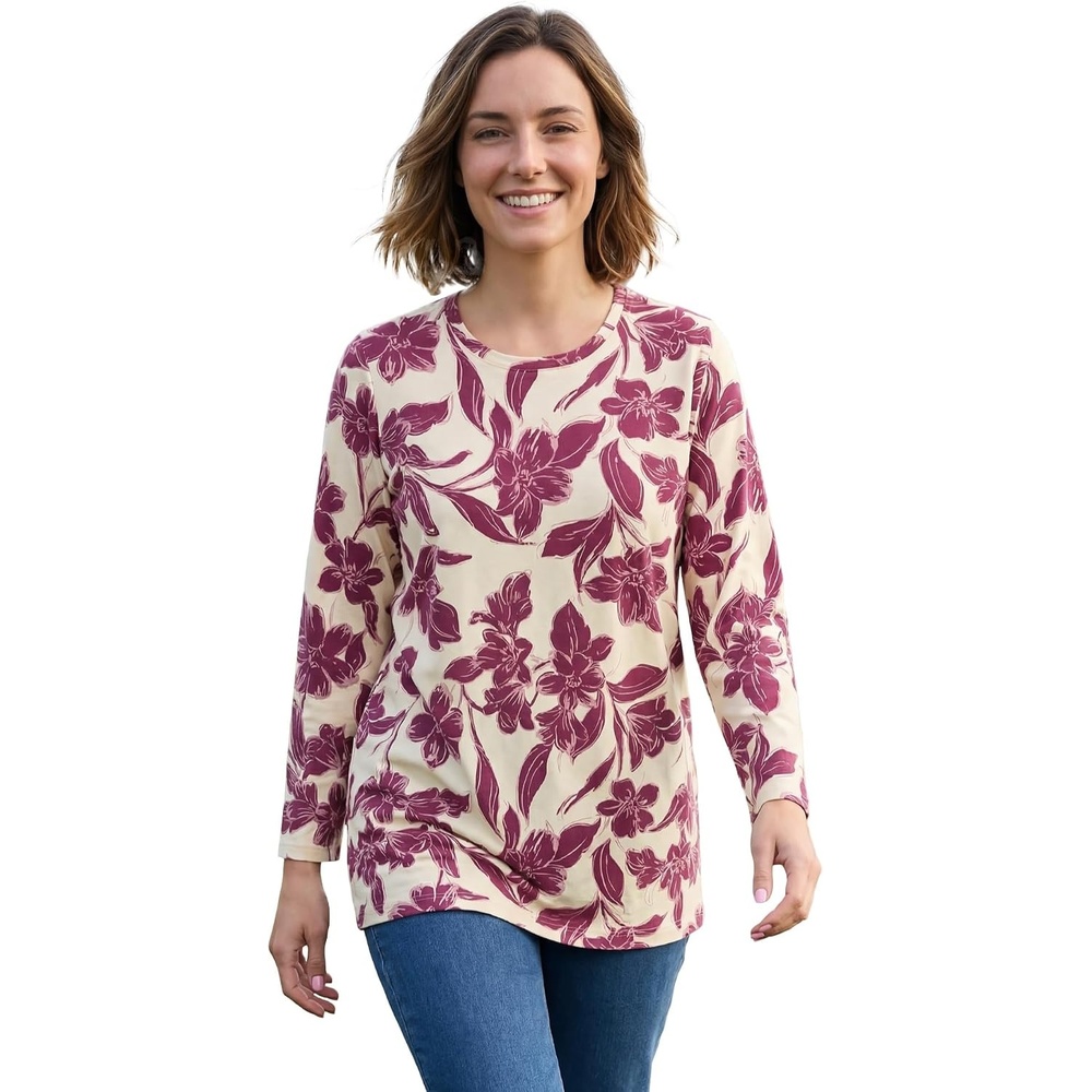 image:imageWoman Within Plus Size Perfect Printed ThreeQuarterSleeve Scoopneck TunicIvory Claret Floral Vine