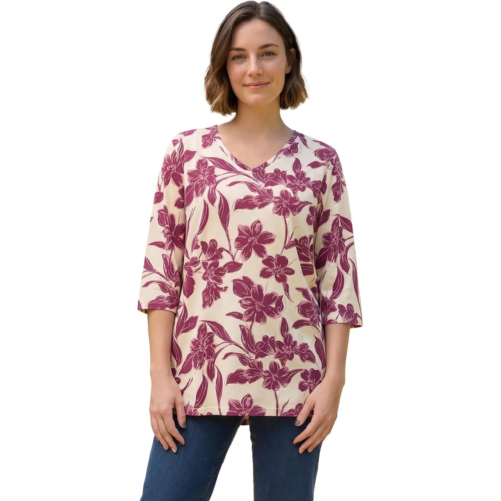 image:imageWoman Within Plus Size Perfect Printed ThreeQuarterSleeve VNeck TunicIvory Claret Floral Vine