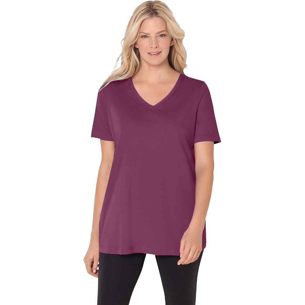 image:imageWoman Within Plus Size Perfect ShortSleeve VNeck Tee Petite AvailableDeep Claret