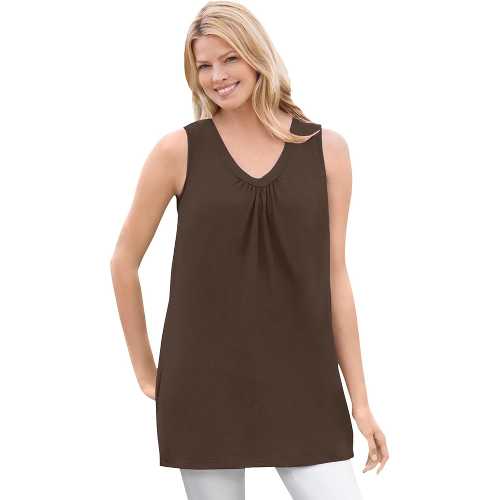 image:imageWoman Within Plus Size Perfect Sleeveless Shirred VNeck TunicChocolate