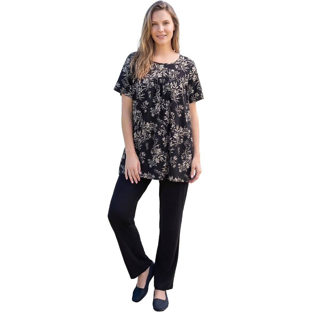 image:imageWoman Within Plus Size Shirred Yoke Swing TunicBlack Stencil Botanical