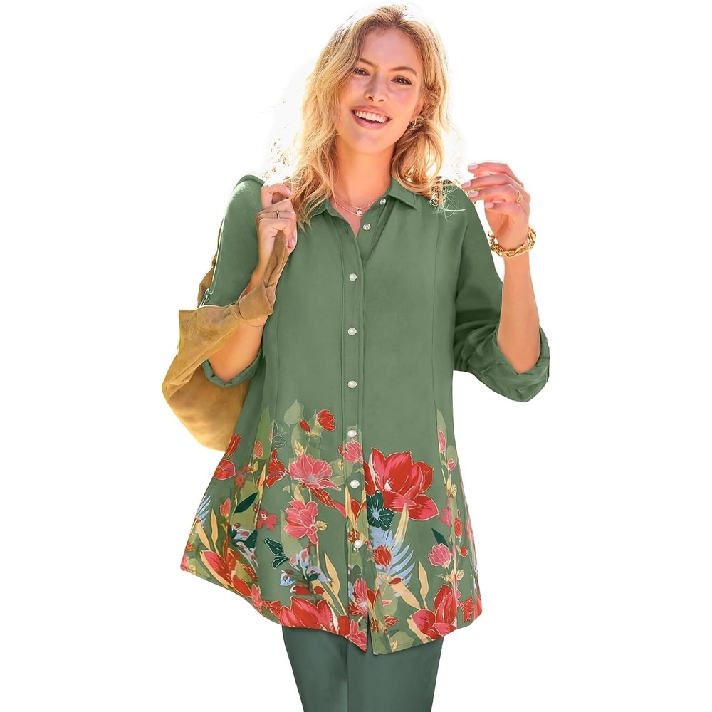 image:imageWoman Within Plus Size Snap Swing Pocket TunicPine Meadow Border