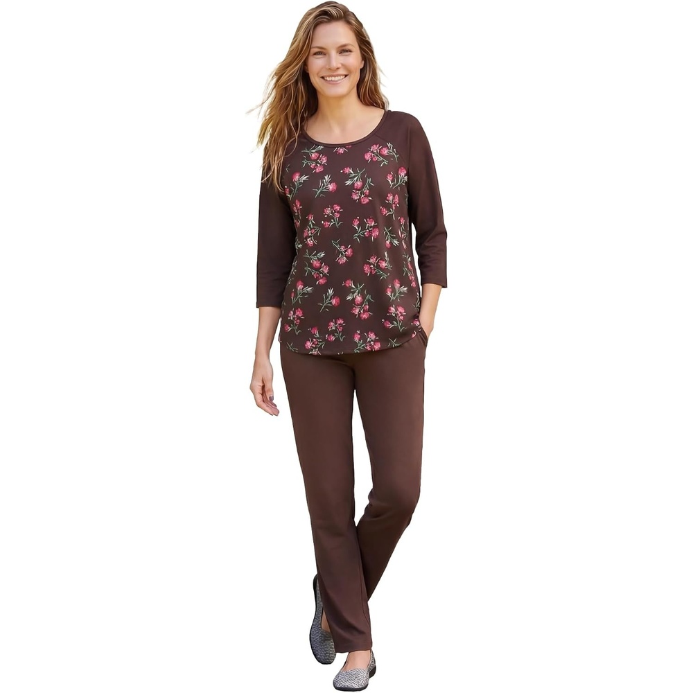 image:imageWoman Within Plus Size ThreeQuarter Sleeve Baseball TeeChocolate Field Floral