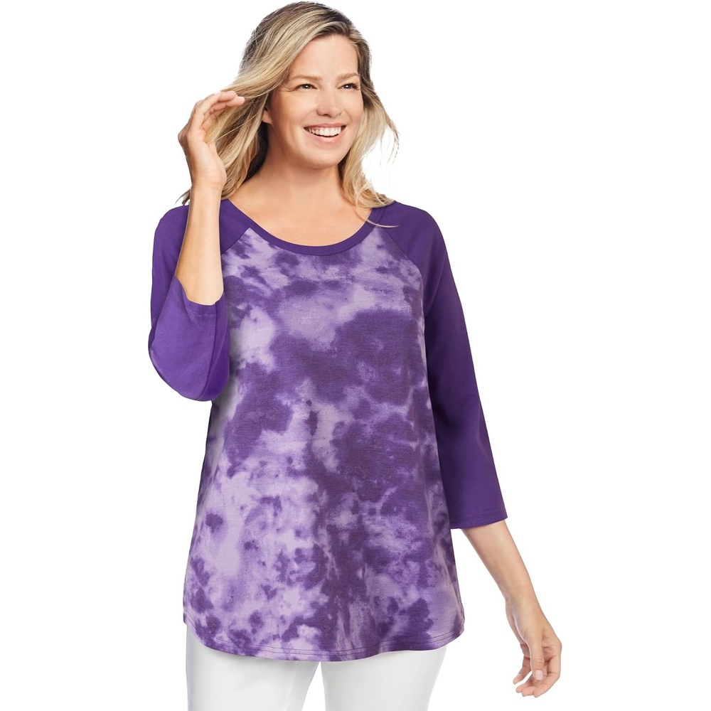 image:imageWoman Within Plus Size ThreeQuarter Sleeve Baseball TeeRadiant Purple Tie Dye