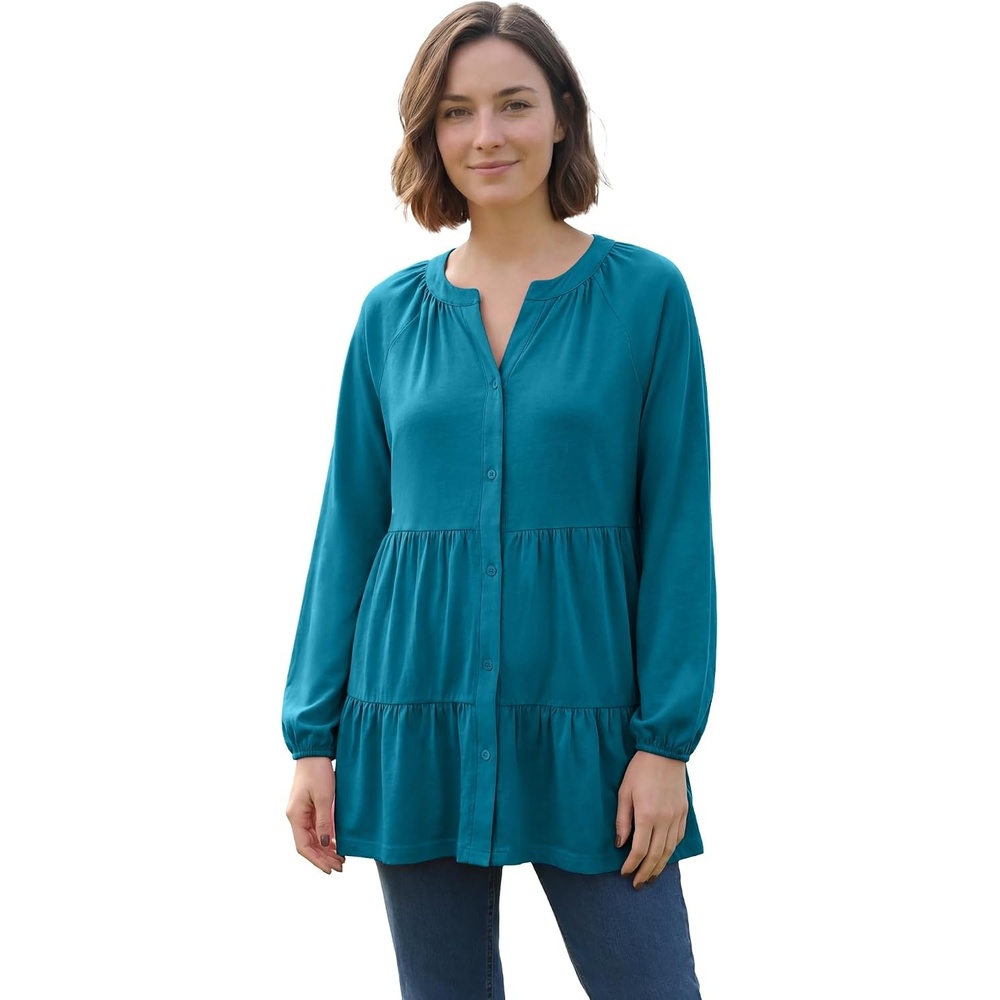 image:imageWoman Within Plus Size Tiered ALine ButtonDown LongSleeve Knit TunicDeep Teal