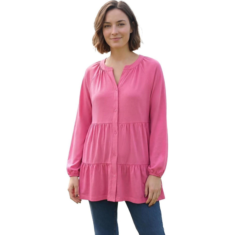 image:imageWoman Within Plus Size Tiered ALine ButtonDown LongSleeve Knit TunicPeony Petal