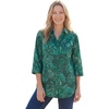 Woman Within Plus Size No Iron Three-Quarter Sleeve Peachskin Shirt(Emerald Green Mosaic)