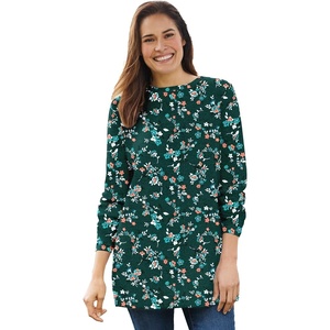 Woman Within Long-Sleeve Crewneck Soft Waffle Knit Thermal Shirt(Emerald Green Multi Delicate Floral)