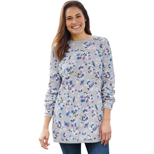 Woman Within Long-Sleeve Crewneck Soft Waffle Knit Thermal Shirt(Heather Grey Multi Delicate Floral)