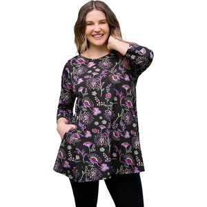 Woman Within Plus Size 2-Pocket Swing Tunic(Black Multi Batik)