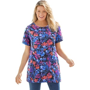 Woman Within Plus Size Perfect Printed Crewneck Tunic(Black Multi Garden)