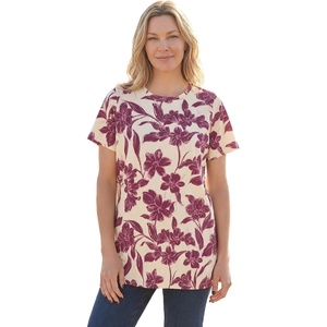 Woman Within Plus Size Perfect Printed Crewneck Tunic(Ivory Claret Floral Vine)