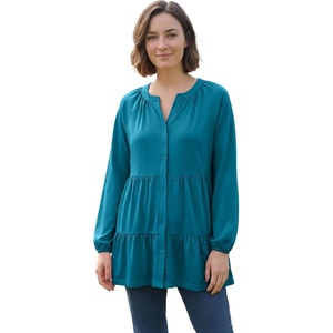 Woman Within Plus Size Tiered A-Line Button-Down Long-Sleeve Knit Tunic(Deep Teal)