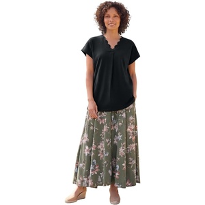 Woman Within Plus Size V-Neck Scallop Trim Longline Knit Tunic Top(Black)