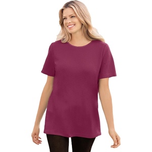 Woman Within Plus Size Waffle Thermal Satin Trim Tee(Deep Claret)