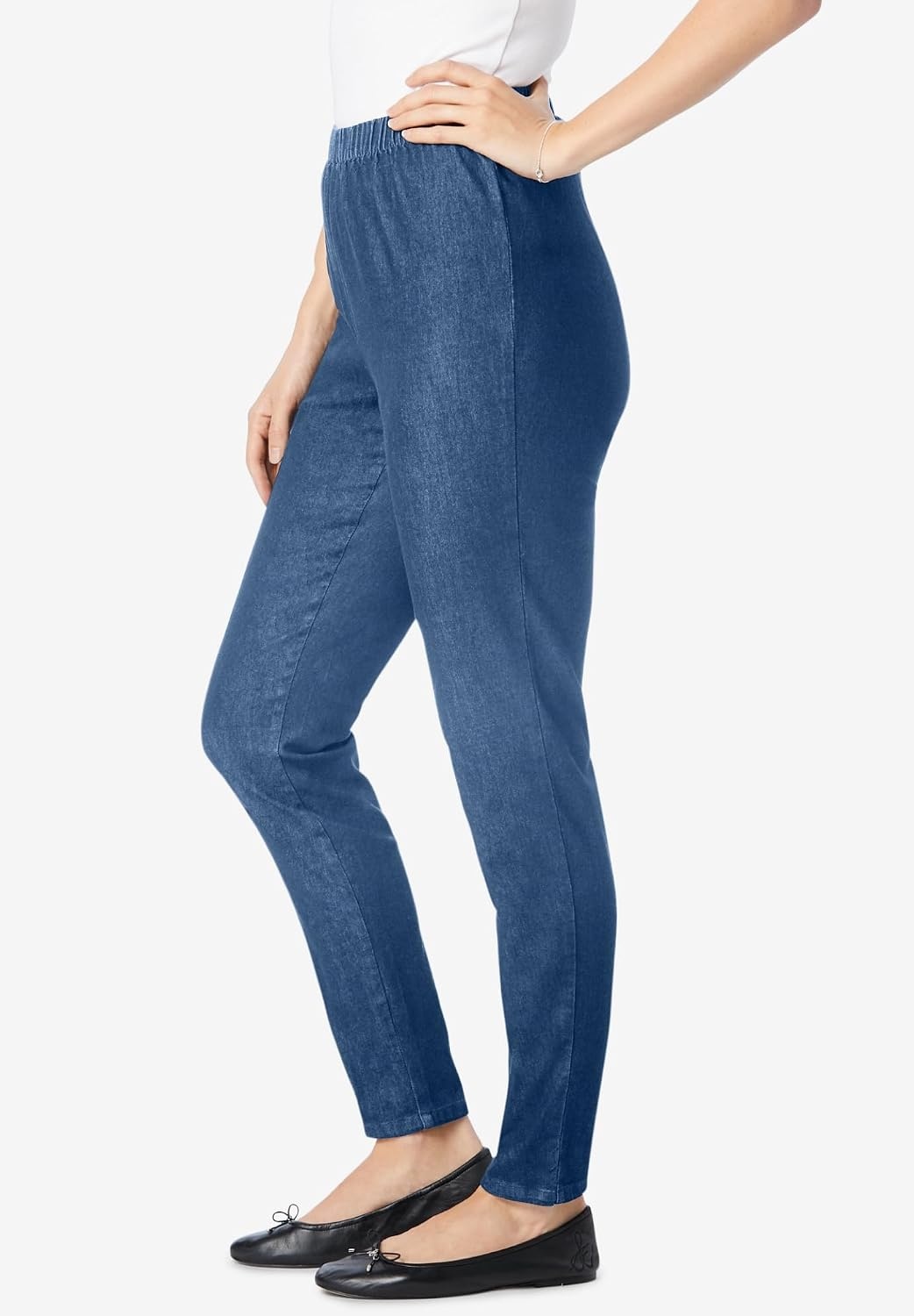 image:imageWoman Within Plus Size Fineline Stretch Denim Skinny PullOn Jeans 14 W Stonewash Sanded