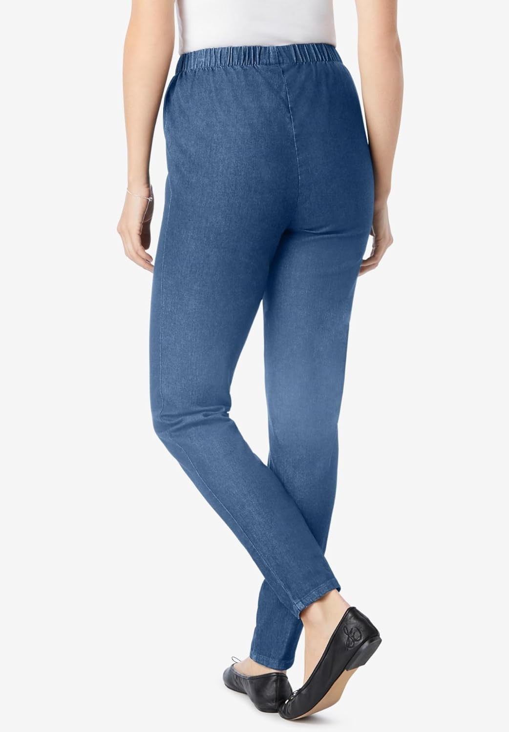 image:imageWoman Within Plus Size Fineline Stretch Denim Skinny PullOn Jeans 14 W Stonewash Sanded