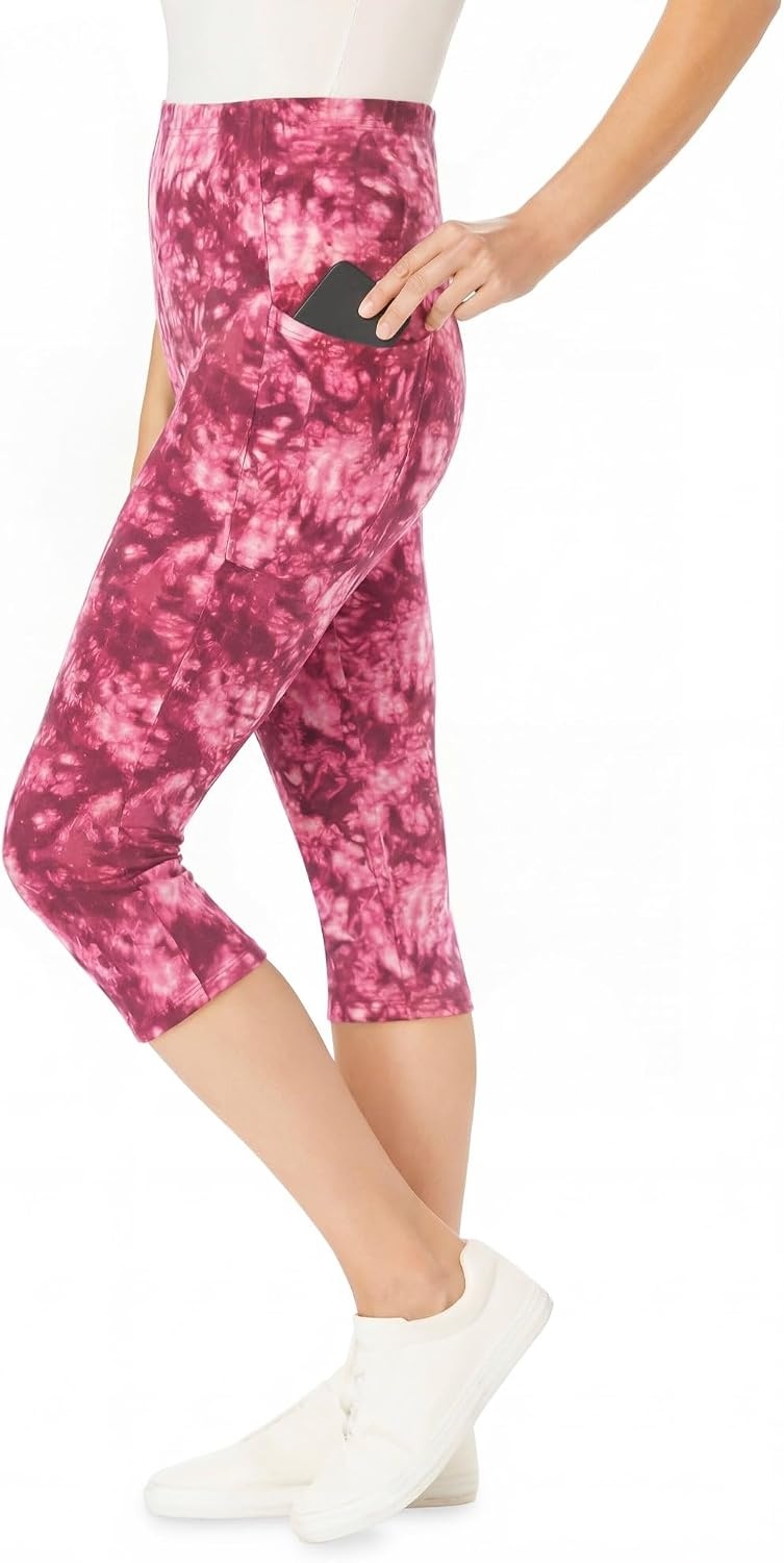 image:imageWoman Within Plus Size StretchCotton Knit PullOn Pocket Capri LeggingsDeep Claret Tie Dye