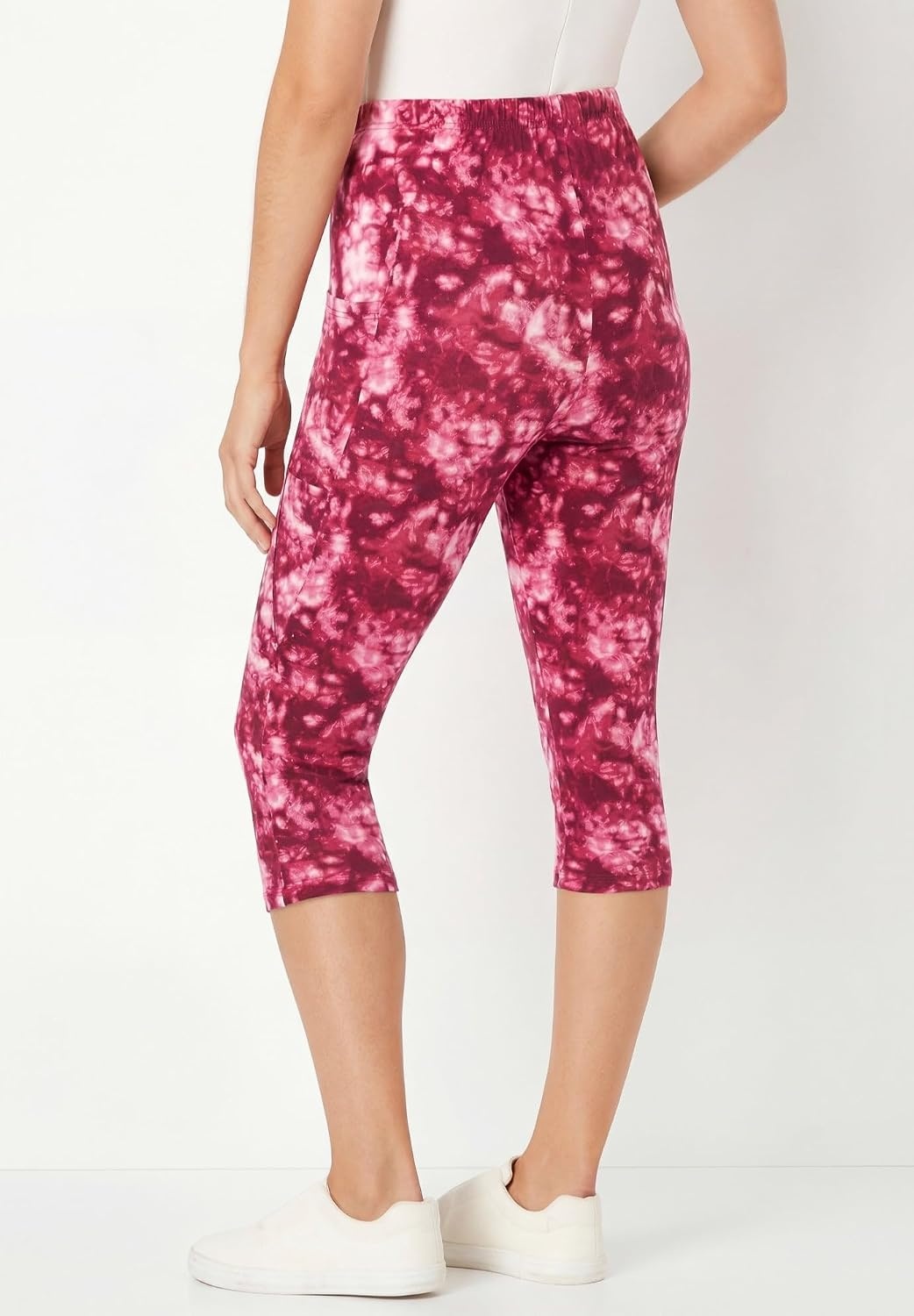 image:imageWoman Within Plus Size StretchCotton Knit PullOn Pocket Capri LeggingsDeep Claret Tie Dye