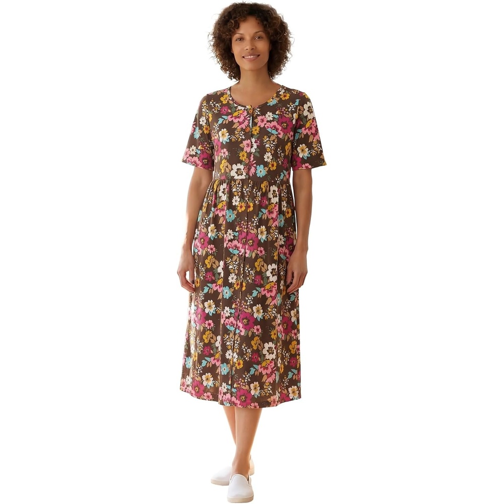 image:imageWoman Within Plus Size ShortSleeve ButtonFront Pocket Dress Petite Available 7X Chocolate Multi Garden