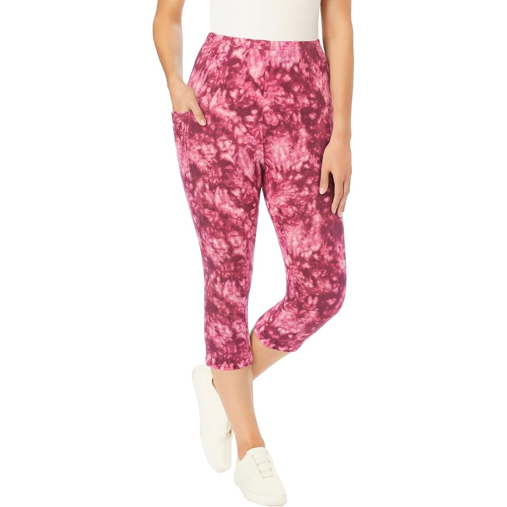 image:imageWoman Within Plus Size StretchCotton Knit PullOn Pocket Capri LeggingsDeep Claret Tie Dye