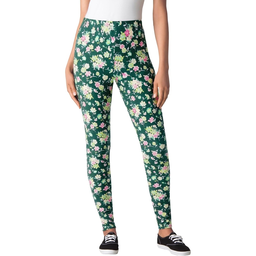 image:imageWoman Within Plus Size StretchCotton Knit PullOn Printed LeggingsEmerald Green Bouquet