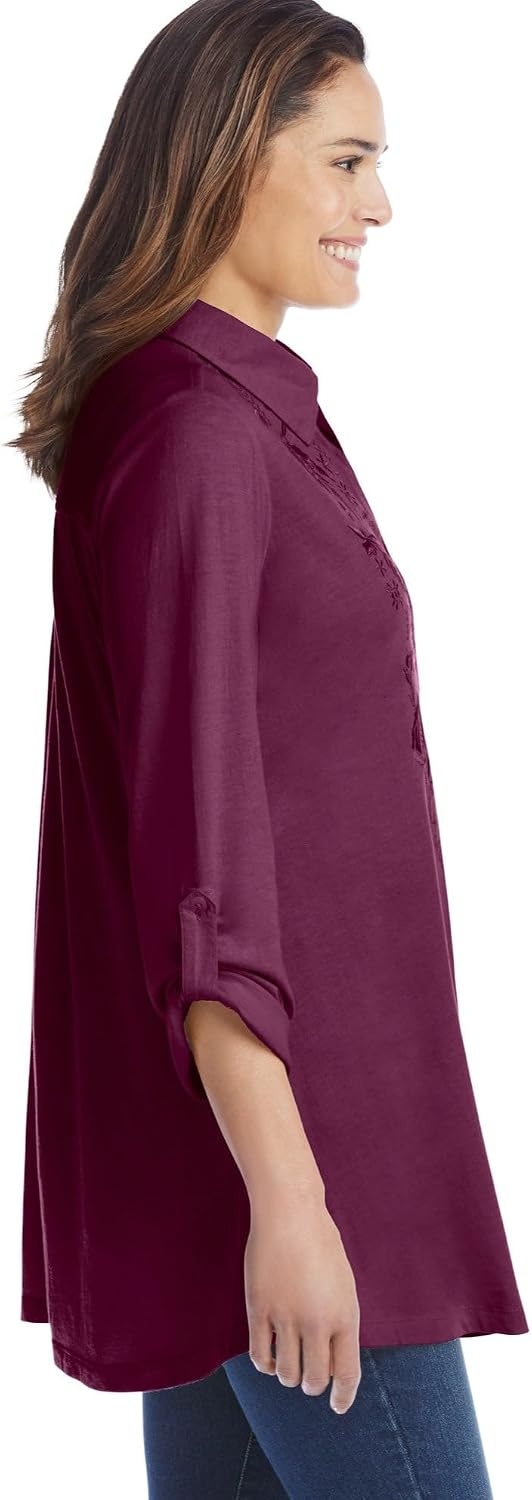 image:imageWoman Within Plus Size ButtonFront Embroidered TunicDeep Claret Embroidery