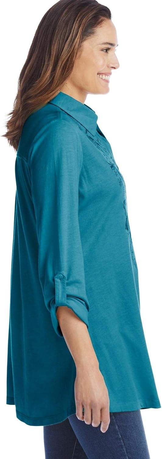 image:imageWoman Within Plus Size ButtonFront Embroidered TunicDeep Teal Embroidery