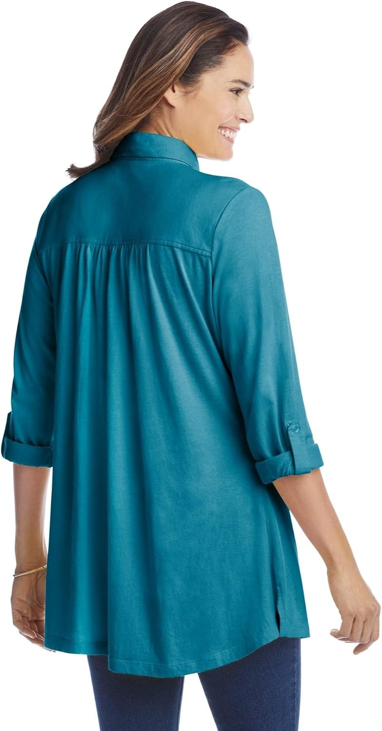 image:imageWoman Within Plus Size ButtonFront Embroidered TunicDeep Teal Embroidery