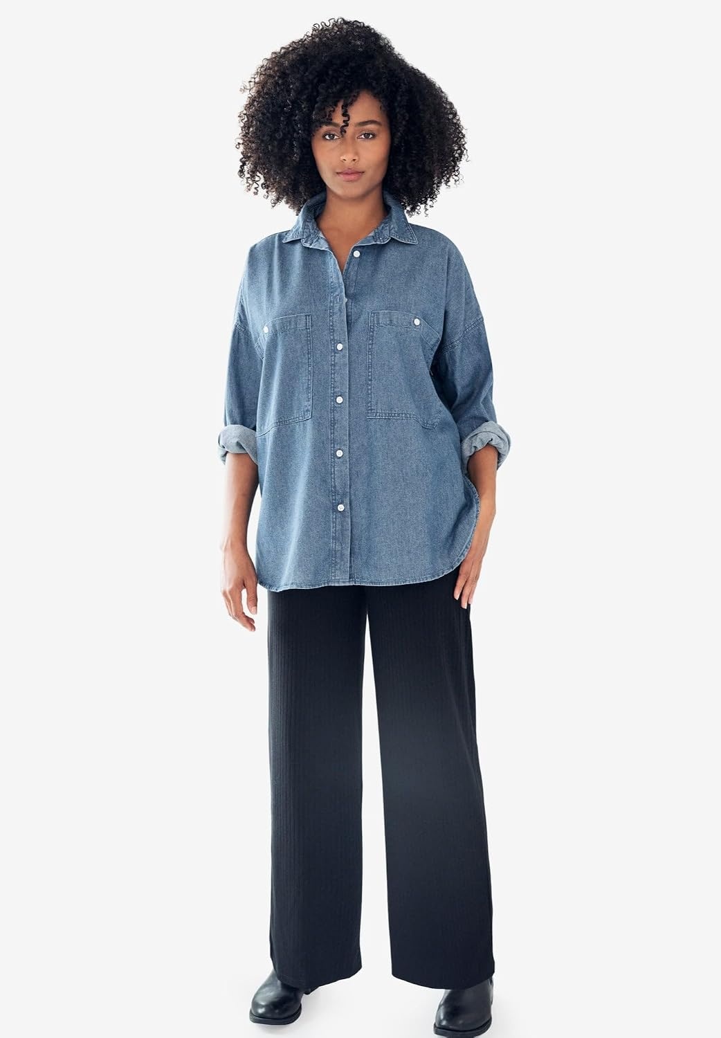 image:imageellos Plus Size 100 Cotton Denim Oversized ButtonFront Collared ShirtDark Grey Wash