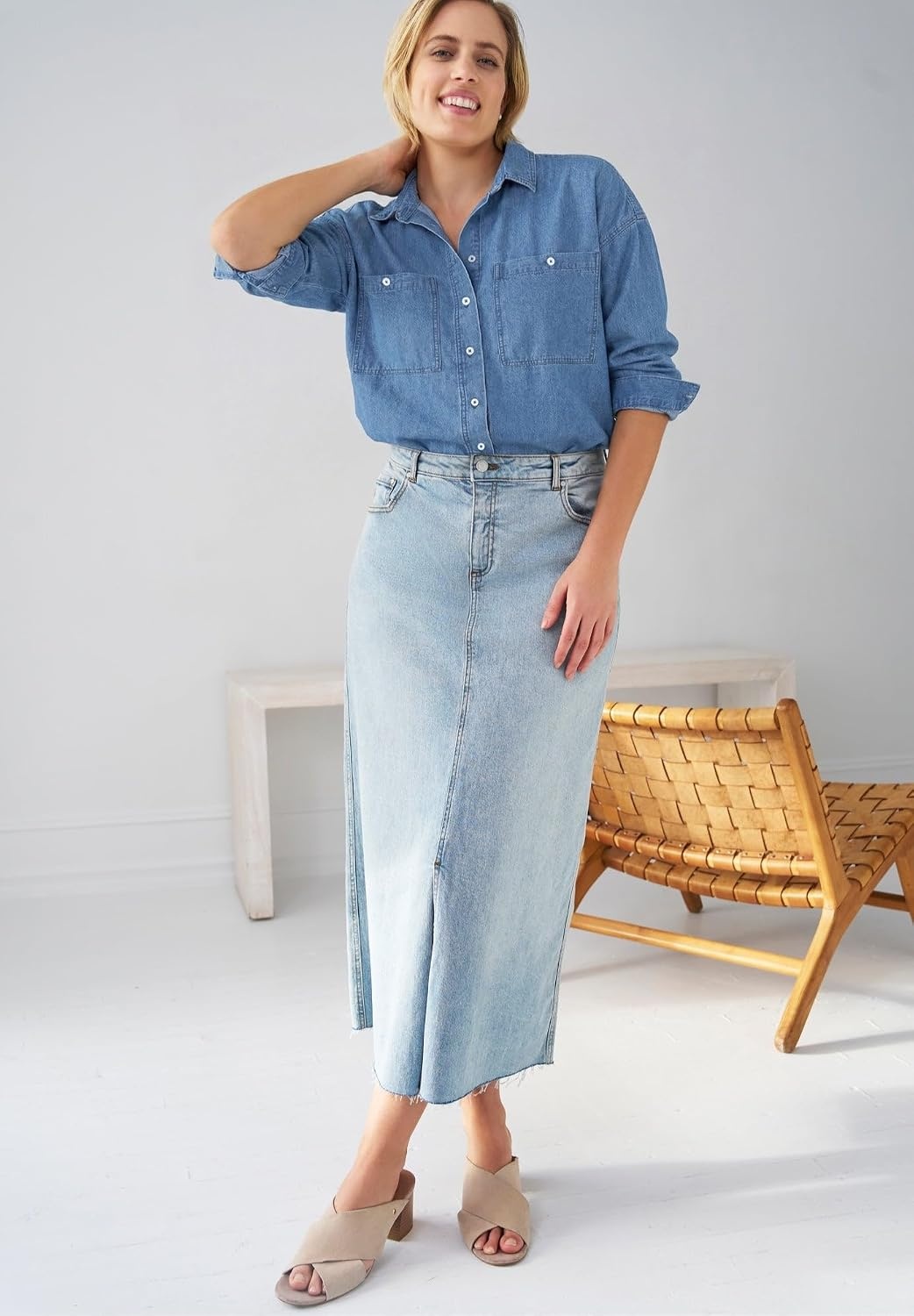 image:imageellos Plus Size 100 Cotton Denim Oversized ButtonFront Collared ShirtLight Stonewash